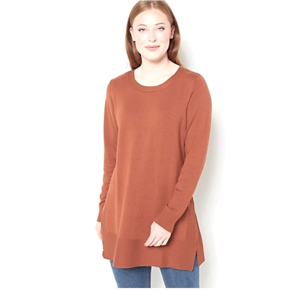 Belle by Kim Gravel Feather Knit Tunic with Side Slits rust color XL new